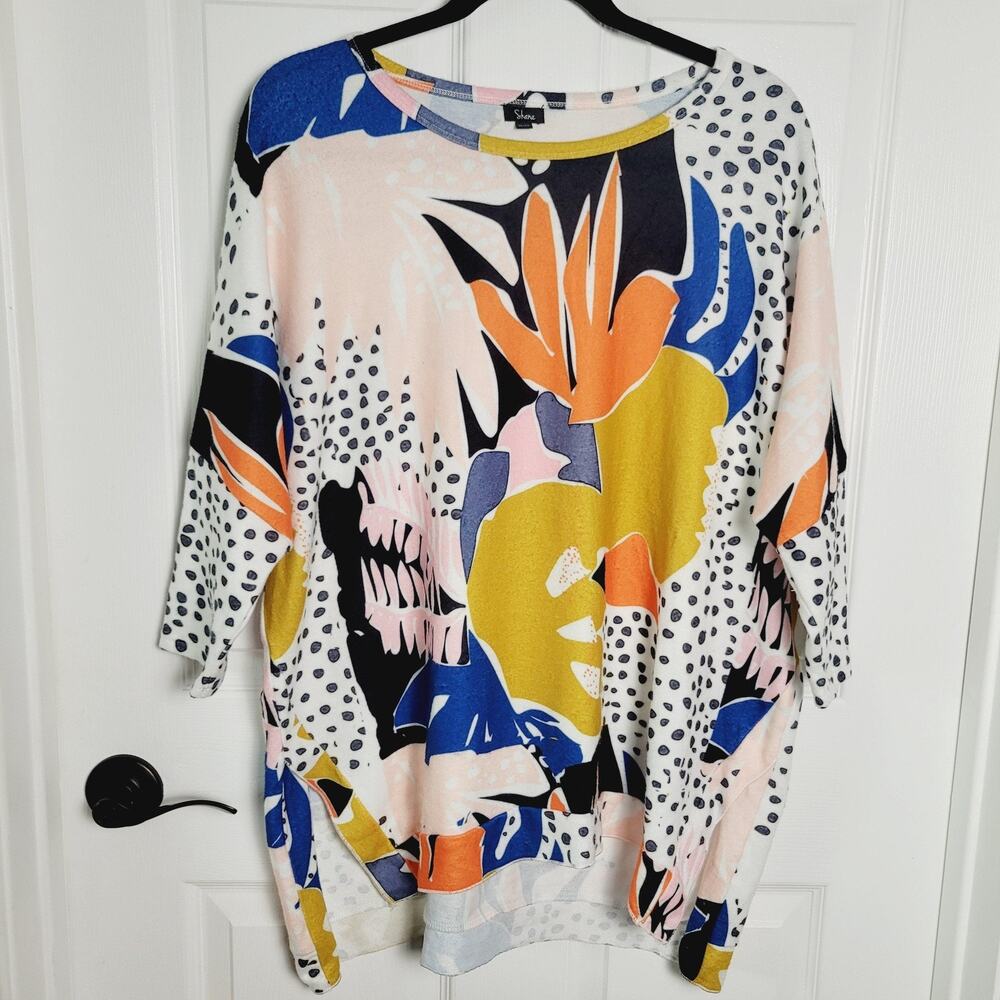 Shana Shirt Womens XL Multicolor Abstract Floral Tunic Boho Artsy Art to Wear
